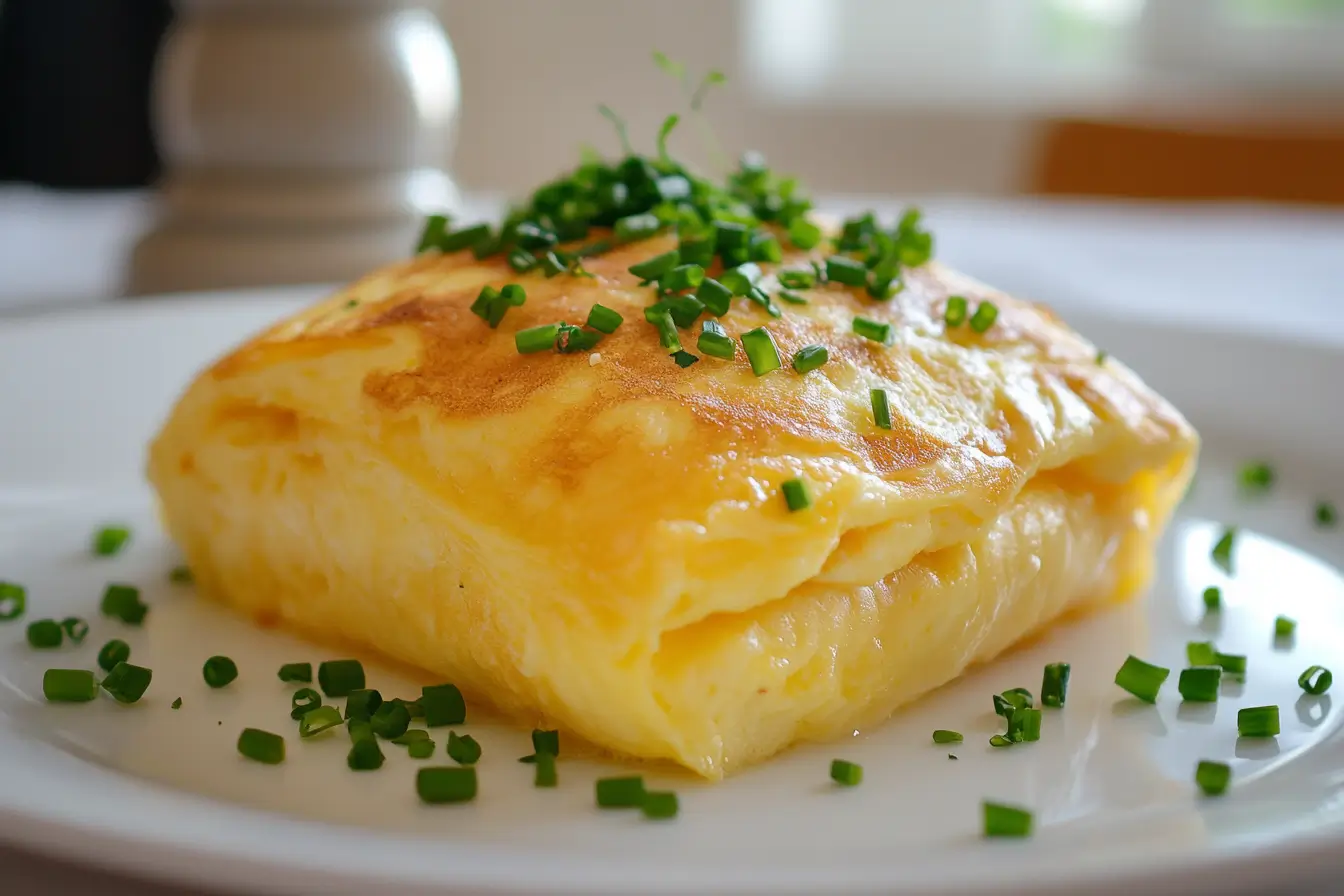 Fluffy omelette with herbs on a white plate.