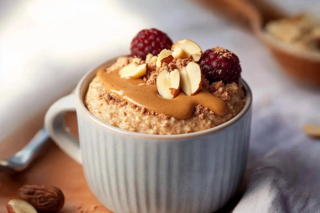 Bowl of 1-minute microwave baked oats topped with berries and peanut butter.