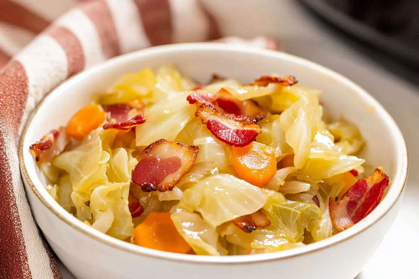 Slow cooker cabbage recipe in a crock pot with bacon and carrots