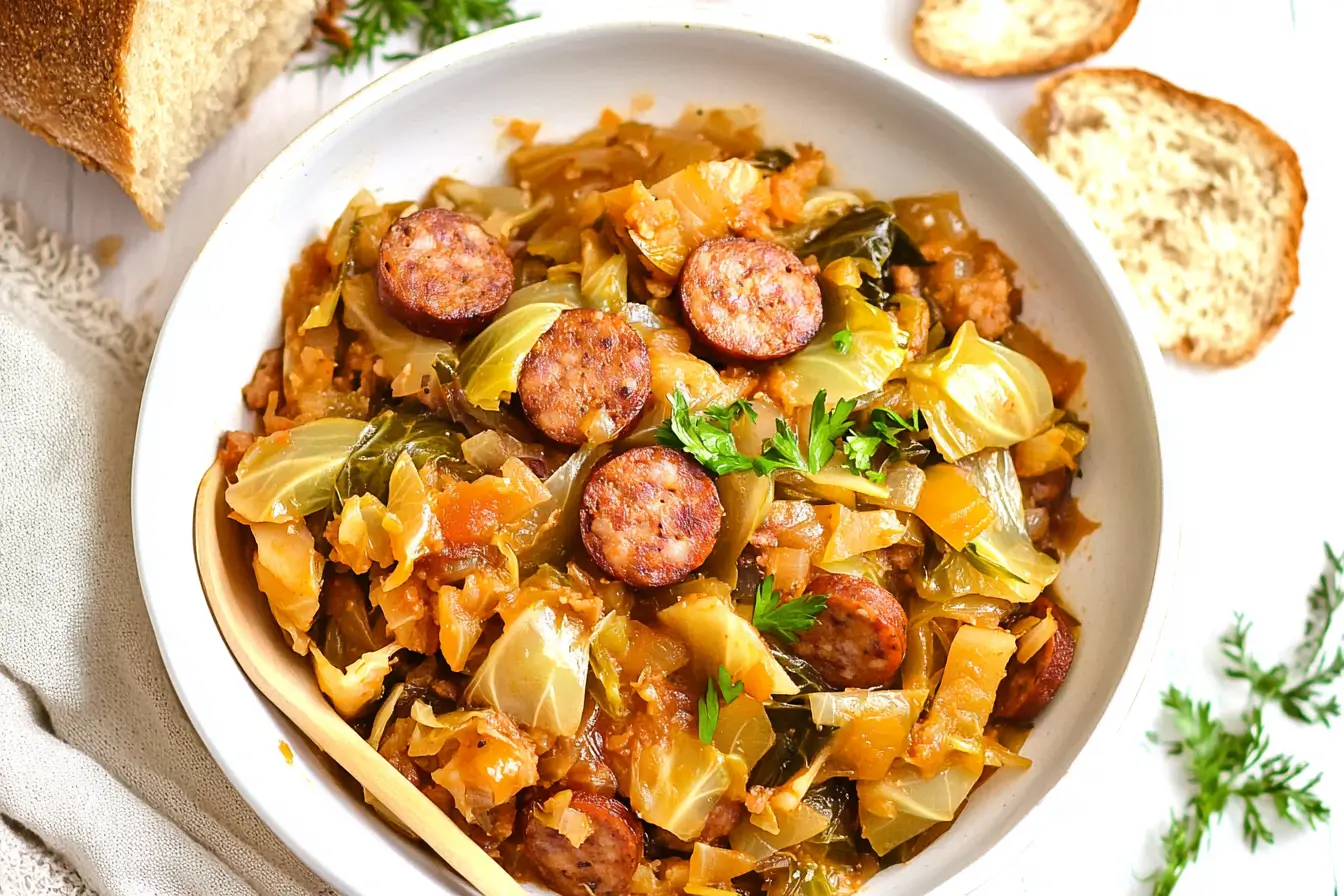 Bowl of slow-cooked cabbage with sausage on a rustic table.