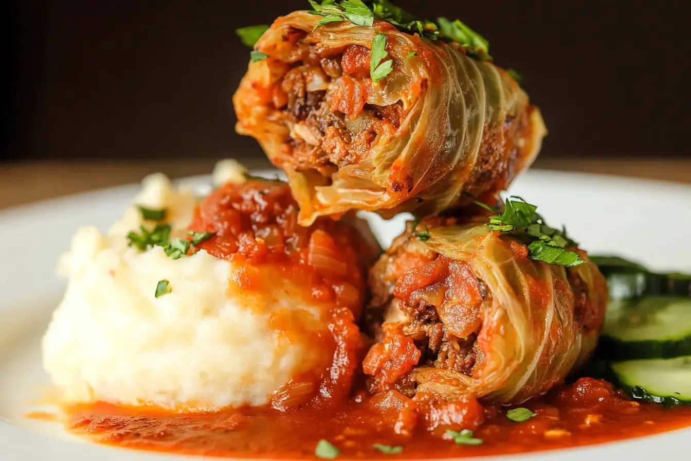 Stuffed cabbage rolls with mashed potatoes and cucumber salad.