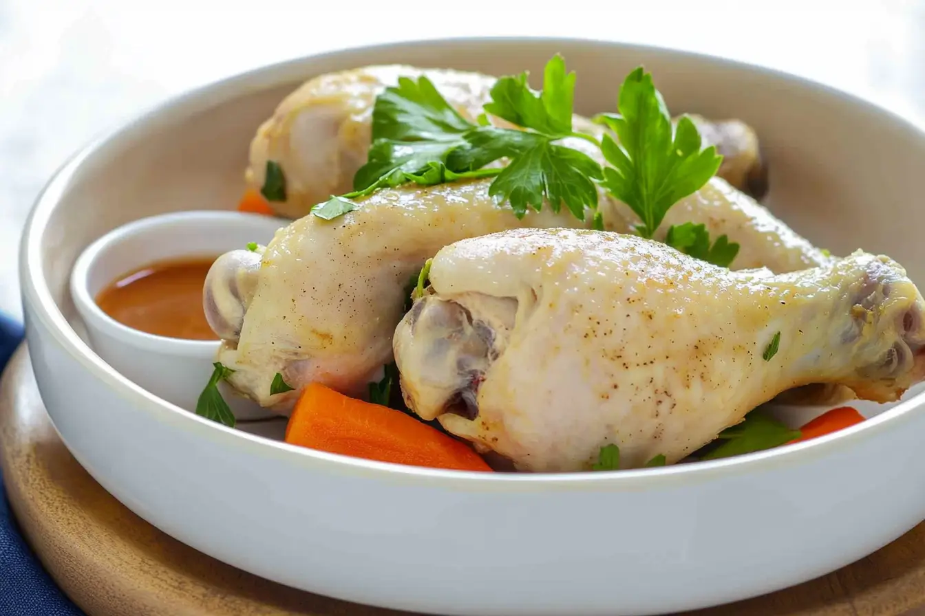 Boiled chicken drumsticks on a plate with fresh parsley.
