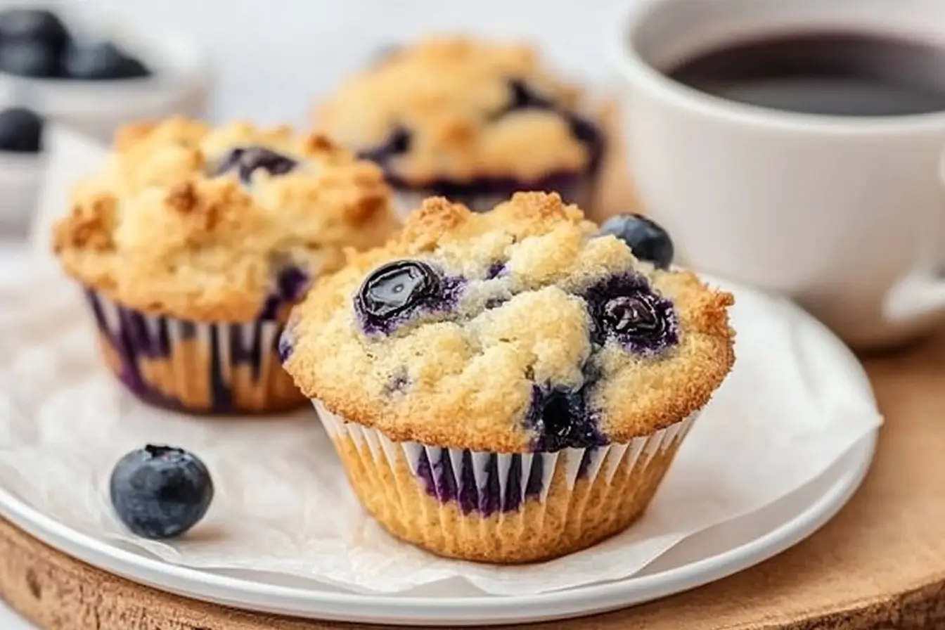 Freshly baked blueberry muffins on a bakery countertop