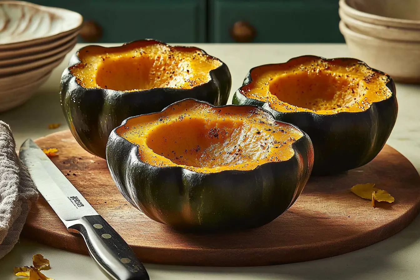 Whole acorn squash with a knife on a wooden board.