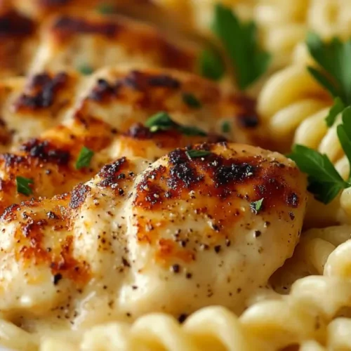 Creamy garlic Parmesan chicken with cheesy twisted pasta served in a bowl