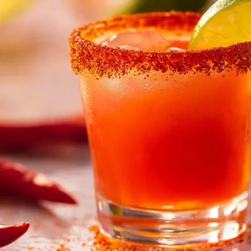 Mexican candy shot with lime garnish and chili rim